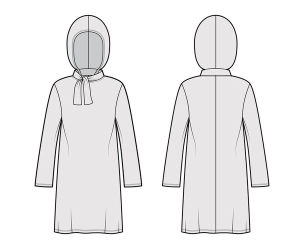 Skromna hidżab tunika techniczna moda ilustracja z krawatem, długie rękawy, przerośnięte, pod kolanem długości, odzież kaptur - Wektor, obraz