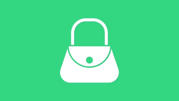 Biała ikona torebki izolowana na zielonym tle. Znak kobiecej torebki. Wspaniały, luźny symbol bagażu. 4K Animacja graficzna ruchu wideo - Materiał filmowy, wideo