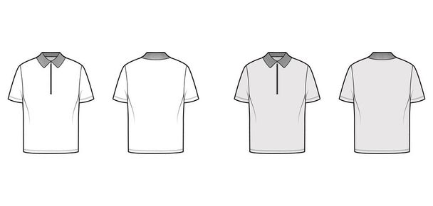 Hemd mit Reißverschluss Polo technische Mode Illustration mit kurzen Ärmeln, Tunika Länge, Henley Hals, Übergröße, flacher Strickkragen - Vektor, Bild