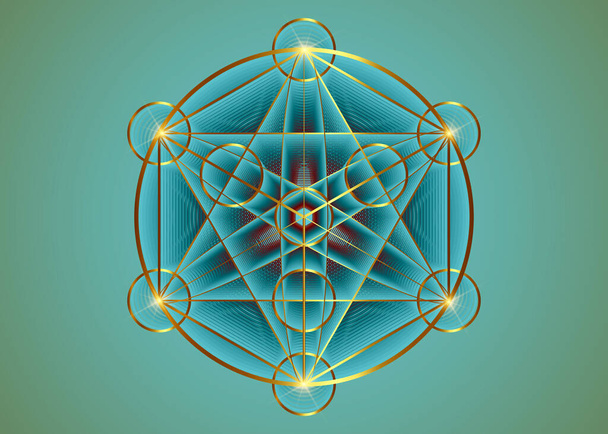 Mandala ocultista de alquimia, Cubo de Metatrones, Flor de la Vida. Oro Geometría sagrada, elemento gráfico hexagrama mágico. Vector Sólidos platónicos místicos, dibujo geométrico, círculos de las cosechas sobre fondo azul vintage - Vector, imagen