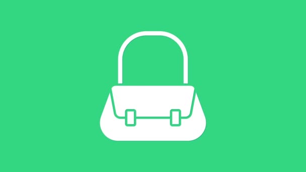 Icona della borsa bianca isolata su sfondo verde. Segno borsa femminile. Glamour simbolo del bagaglio casual. Animazione grafica 4K Video motion - Filmati, video