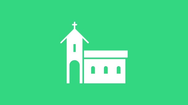 Fehér templom épület ikon elszigetelt zöld alapon. Keresztény egyház. Az egyház vallása. 4K Videó mozgás grafikus animáció - Felvétel, videó