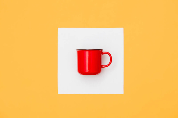 White mockup board and cup of coffee on yellow background - Photo, Image