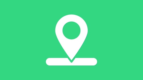 Icono de pin Mapa blanco aislado sobre fondo verde. Navegación, puntero, ubicación, mapa, GPS, dirección, lugar, brújula, concepto de búsqueda. Animación gráfica de vídeo 4K - Metraje, vídeo