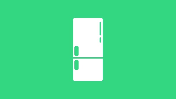 Icono blanco del refrigerador aislado sobre fondo verde. Refrigerador congelador refrigerador. Tecnología y electrodomésticos. Animación gráfica de vídeo 4K - Metraje, vídeo