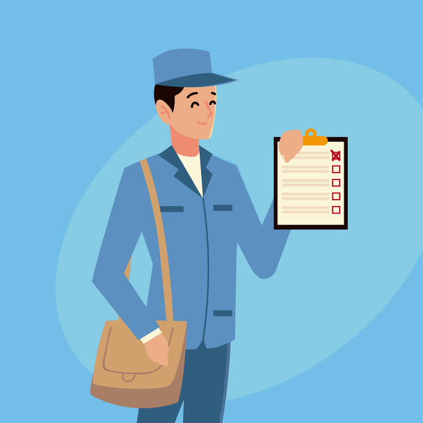 postal service postman character check list and bag - Vector, Image