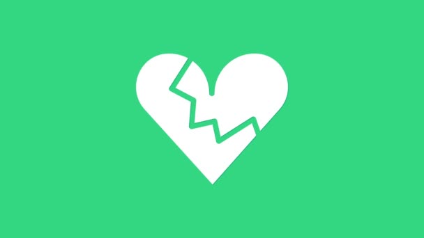 Corazón roto blanco o icono de divorcio aislado sobre fondo verde. Símbolo de amor. Día de San Valentín. Animación gráfica de vídeo 4K - Metraje, vídeo