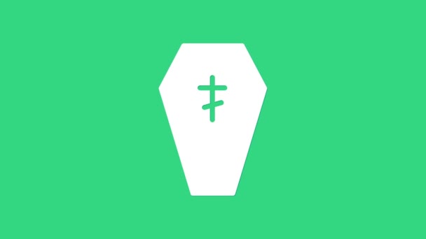Caixão branco com ícone de cruz cristã isolado no fundo verde. Feliz festa de Halloween. Animação gráfica em movimento de vídeo 4K - Filmagem, Vídeo