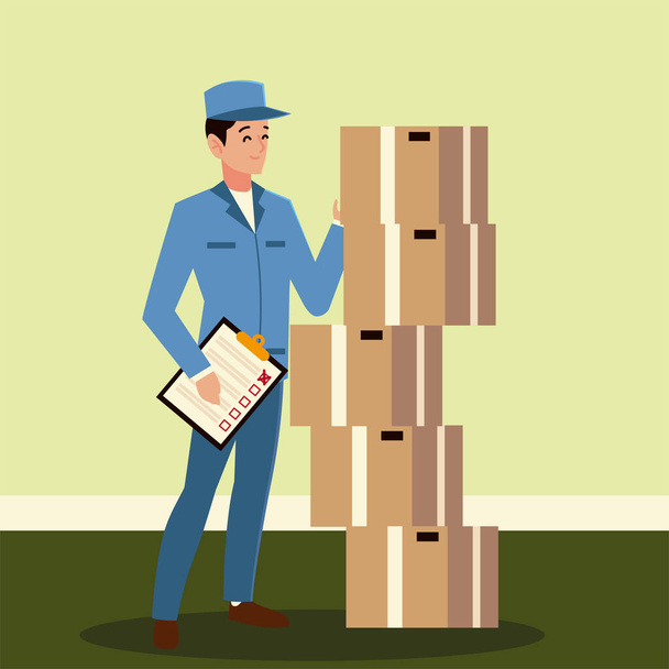 postal service postman with clipboard and cardboard boxes - Vector, Image