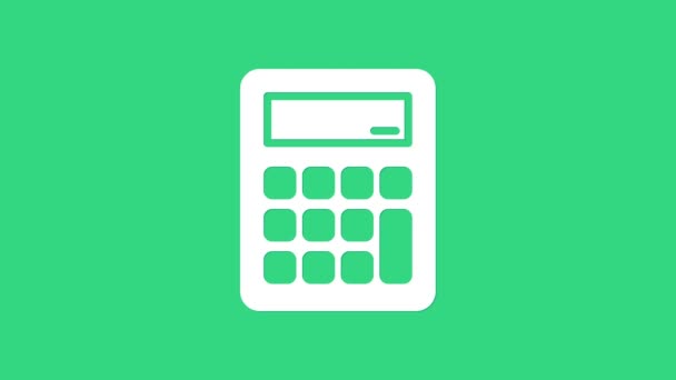 Fehér kalkulátor ikon elszigetelt zöld alapon. Könyvelési szimbólum. Üzleti számítások matematika oktatás és pénzügy. 4K Videó mozgás grafikus animáció - Felvétel, videó