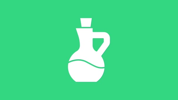 Bílá láhev olivového oleje ikona izolované na zeleném pozadí. Džbán s ikonou olivového oleje. Grafická animace pohybu videa 4K - Záběry, video