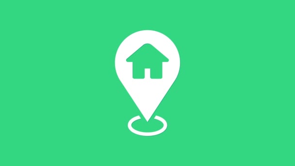 Weißer Kartenzeiger mit Haussymbol auf grünem Hintergrund. Markierungssymbol für den Wohnort. 4K Video Motion Grafik Animation - Filmmaterial, Video