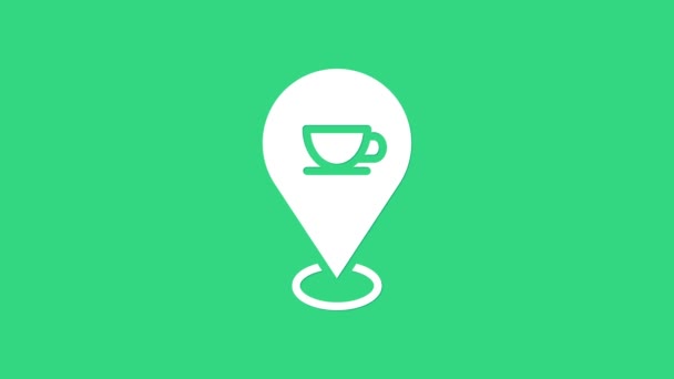 Ubicación blanca con el icono de la taza de café aislado sobre fondo verde. Animación gráfica de vídeo 4K - Metraje, vídeo