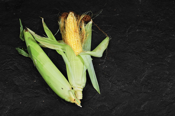 Two ears of fresh corns on black background - Photo, image