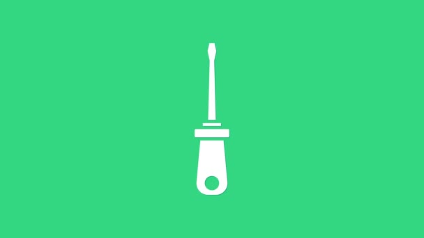 Icono del destornillador blanco aislado sobre fondo verde. Símbolo herramienta de servicio. Animación gráfica de vídeo 4K - Metraje, vídeo