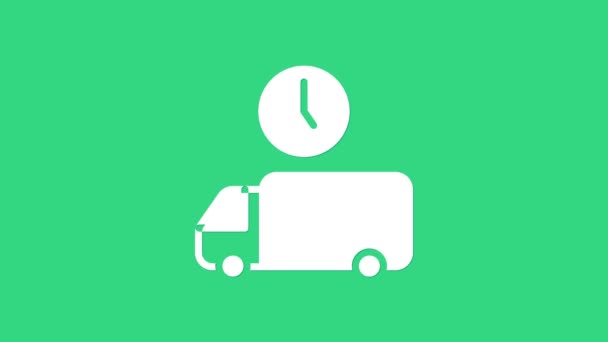 Λευκό Logistics φορτηγό παράδοσης και το εικονίδιο του χρόνου απομονώνονται σε πράσινο φόντο. Εικονίδιο χρόνου παράδοσης. 4K Γραφική κίνηση κίνησης βίντεο - Πλάνα, βίντεο