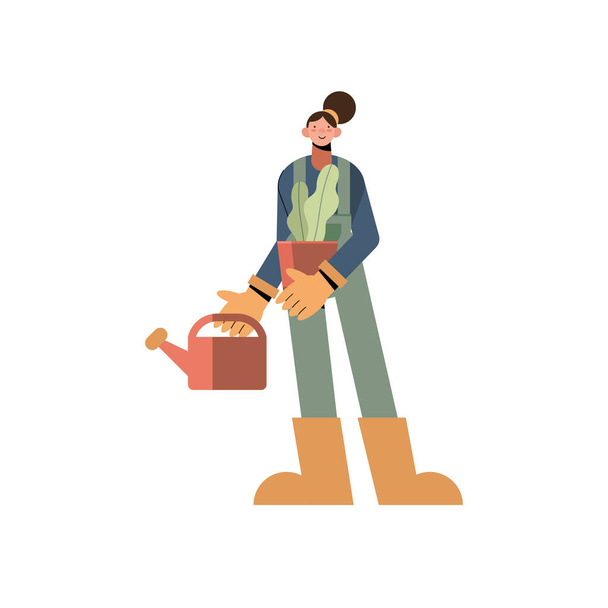 Farmer woman with watering can plant and overall vector design - Вектор,изображение