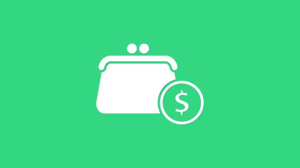 Portafoglio bianco con icona monete isolato su sfondo verde. Icona della borsa. Simbolo di risparmio in contanti. Animazione grafica 4K Video motion - Filmati, video
