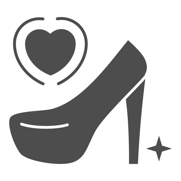 Women shoe with heart solid icon, Valentines Day concept, high-heeled shoes and heart sign on white background, valentines day fashion icon in glyph style for mobile, web. Vector graphics. - Vector, afbeelding