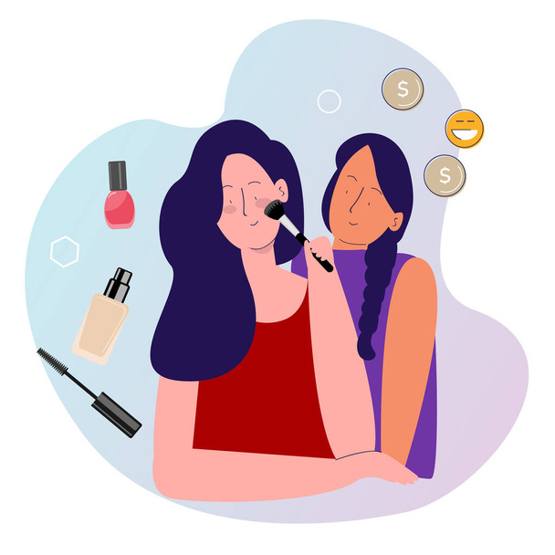 make up endorse concept girls make up blush sur les yeux ombre autour de l'argent de pièce de monnaie avec dessin animé style plat - Vecteur, image
