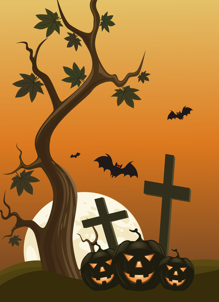 Halloween background with pumpkins and moon in the back - Vector, imagen