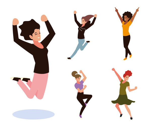 Gruppe weibliche Menschen springen und tanzen feiern Set - Vektor, Bild