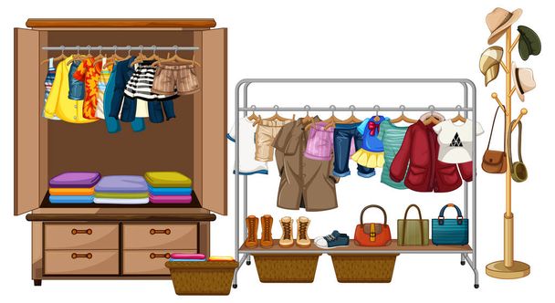 Ropa colgando en armario con accesorios y rango de ropa sobre fondo blanco ilustración - Vector, imagen