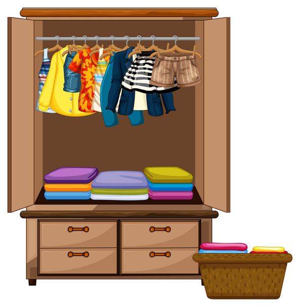 Одежда висит в шкафу с корзиной одежды на белом фоне иллюстрации - Вектор,изображение