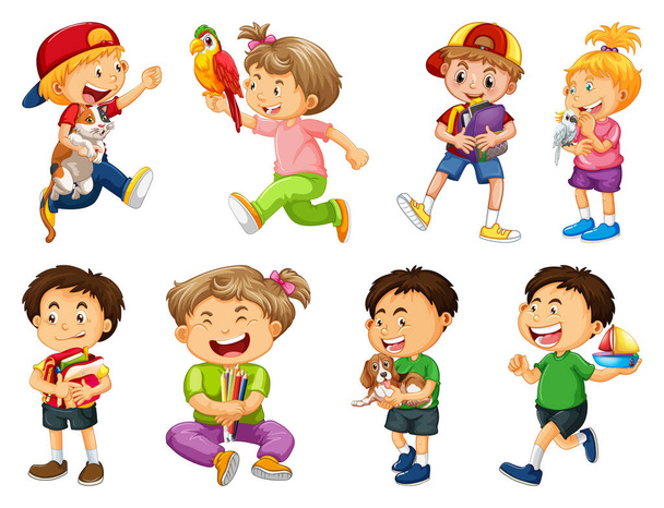 Conjunto de diferentes niños jugando con sus mascotas personaje de dibujos animados aislados en la ilustración de fondo blanco - Vector, Imagen