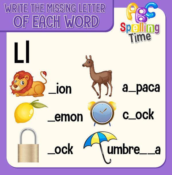 Заповнити відсутню літеру кожного слова робочого аркуша для дитячої ілюстрації
 - Вектор, зображення