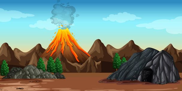 Volcano eruption in nature scene illustration - Vector, Image