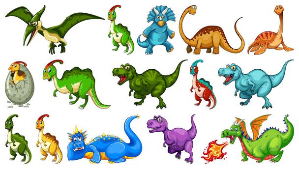 Set különböző dinoszaurusz rajzfilm karakter elszigetelt fehér háttér illusztráció - Vektor, kép