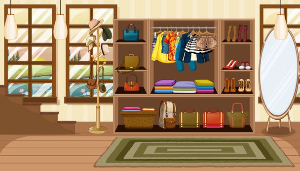 Vestiti e accessori nell'armadio aperto nella scena della stanza illustrazione - Vettoriali, immagini