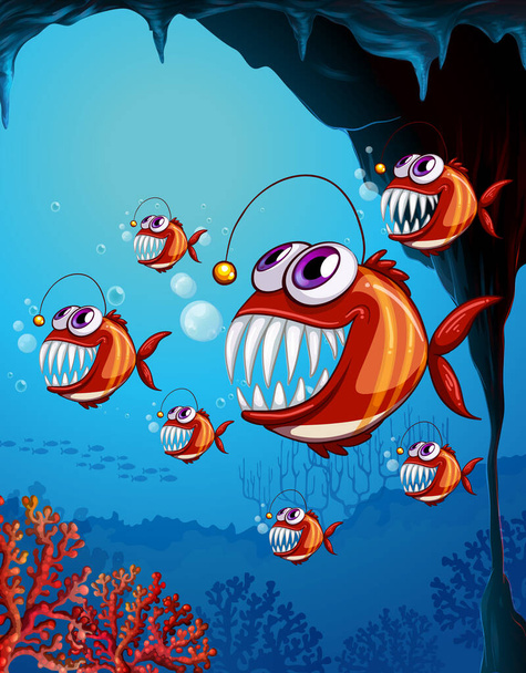 Pêcheur poissons personnage de dessin animé dans la scène sous-marine avec des coraux illustration - Vecteur, image