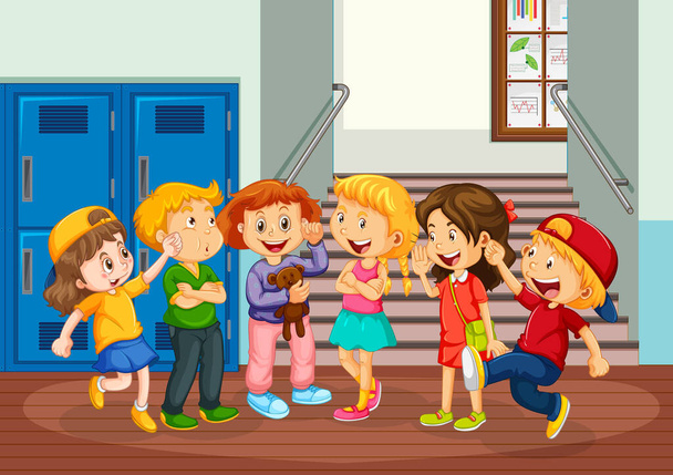 Szczęśliwe dzieci w szkolnym korytarzu ilustracja - Wektor, obraz