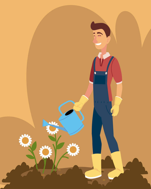 zahradničení, zahradník zavlažování plechovka slunečnice kreslené - Vektor, obrázek