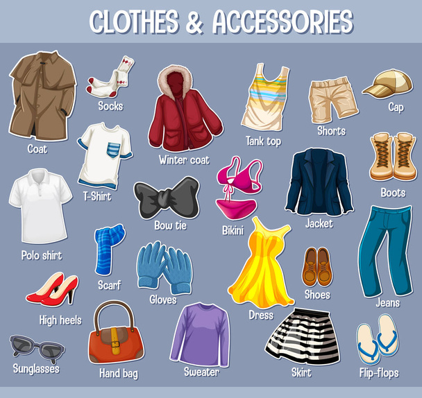 Одежда и аксессуары с именами, выделенными на пурпурной иллюстрации - Вектор,изображение