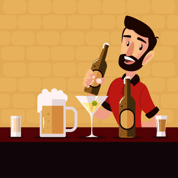 barman de dibujos animados sosteniendo botella de cerveza y bebidas - Vector, Imagen