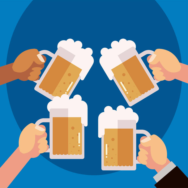 handen met bier mokken viering evenement, proost - Vector, afbeelding