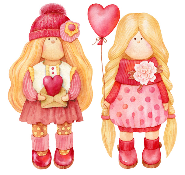 Cute tilda doll. Hand drawn watercolor illustration. Valentines love theme. - Photo, Image