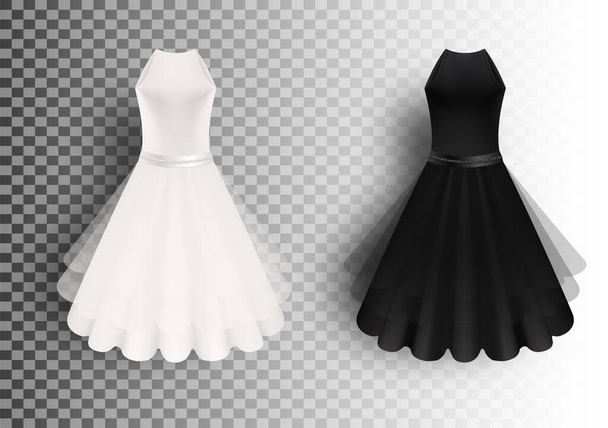 Black and white fluffy dress mockup set, vector isolated illustration. Realistic women little cocktail dresses. - Vecteur, image