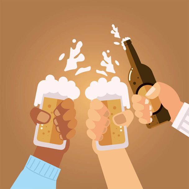 mannelijke handen met bier mokken en fles vieren, proost - Vector, afbeelding