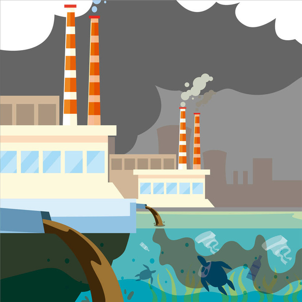 factory plant pollutes, trash emission from pipes to river water - Vector, Image