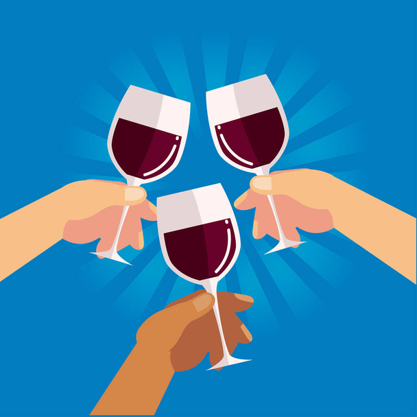 celebrando las manos con copas de vino celebración, salud - Vector, Imagen
