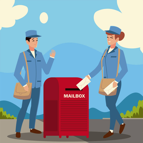 postal service postman and woman mailbox envelopes city street - Vector, Image