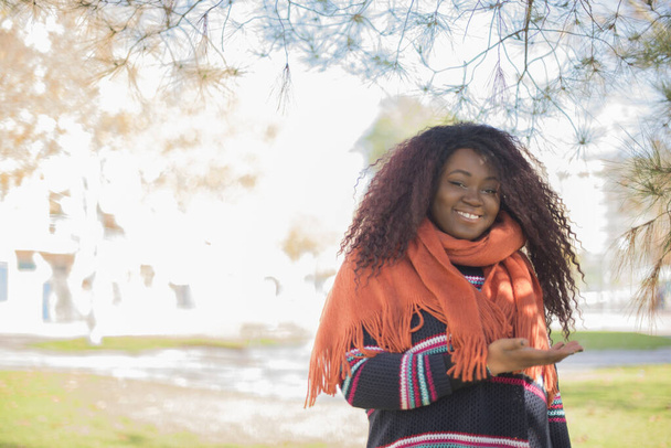 young beautiful african american woman smiling and with open palm in autumn park    - Photo, Image