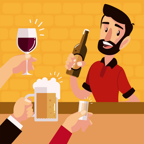 férfi karakter üveg sör és kéz éljenzés italok - Vektor, kép