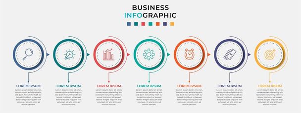 Minimális Business Infographics sablon. Idővonal 7 lépésben, opciók és marketing ikonok.Vektor lineáris infografika két kör összeállított elemek. Bemutatásra felhasználható.. - Vektor, kép