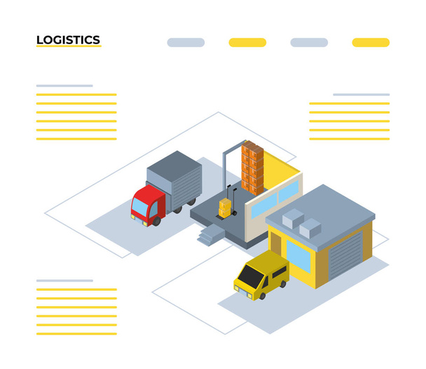 Delivery and logistics isometric garages and trucks vector design - Vector, Image