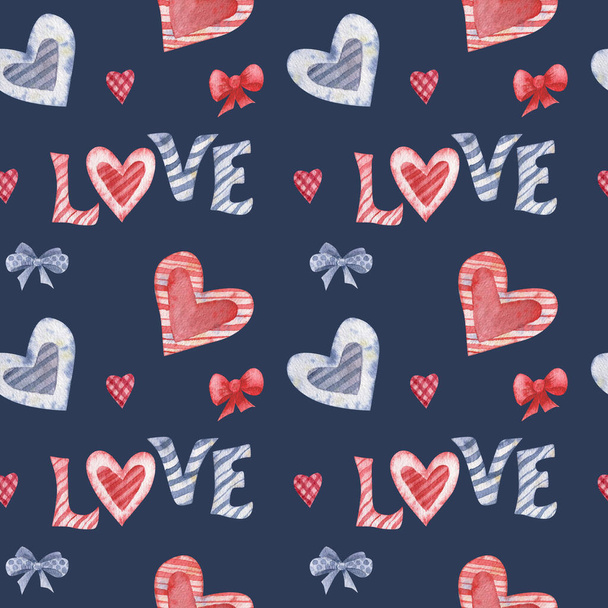 Aquarel naadloos patroon met harten en liefde voor Valentijnsdag. Harten en linten patroon voor Valentijnskaarten, wenskaarten, geschenken, t-shirts, mokken, stickers, scrapbooking ambachten en - Foto, afbeelding
